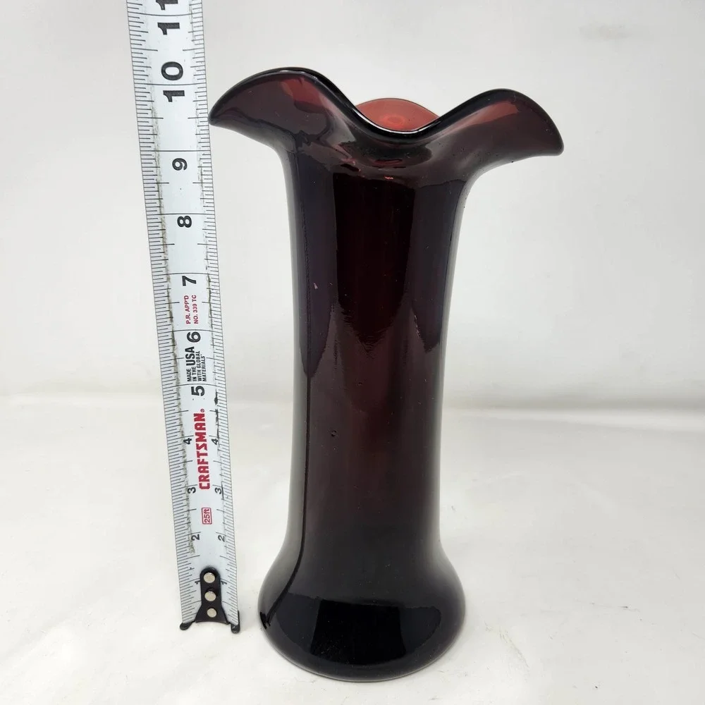 Vintage Amethyst Purple Art Glass Ruffled Trumpet Vase Hand Blown 10 Inch